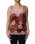 Dolce & Gabbana Brown Rose Print Satin Lace Camisole Tank Top