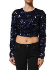 Dolce & Gabbana Blue Sequined Long Sleeves Crop Blouse Top