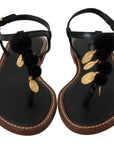 Dolce & Gabbana Black Leather Coins Flip Flops Sandals Shoes