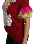 Dolce & Gabbana Red Pig Print Feather Sleeves T-shirt Top