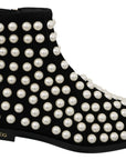 Dolce & Gabbana Black Suede Pearl Studs Boots Shoes