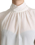 Dolce & Gabbana White Silk Pussy Bow Long Sleeved Top Blouse