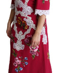 Dolce & Gabbana Red Floral Embroidered Sheath Midi Dress