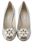 Dolce & Gabbana White Crystals Peep Toe Heels Satin Pumps Shoes