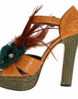 Dolce & Gabbana Orange Leather Crystal Platform Sandal Shoes