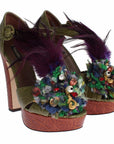 Dolce & Gabbana Green Leather Crystal Platform Sandal Shoes