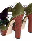 Dolce & Gabbana Green Leather Crystal Platform Sandal Shoes