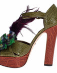 Dolce & Gabbana Green Leather Crystal Platform Sandal Shoes