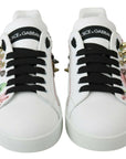 Dolce & Gabbana White Leather Crystal Roses Floral Sneakers Shoes