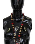 Dolce & Gabbana Gold Tone Brass Red Crystals Pendant Opera Chain Necklace