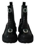 Dolce & Gabbana Black Leather Crystal Combat Boots