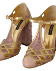 Dolce & Gabbana Pink Gold Leather Crystal Pumps T-strap Shoes