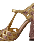 Dolce & Gabbana Pink Gold Leather Crystal Pumps T-strap Shoes