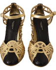 Dolce & Gabbana Black Gold Leather Studded Ankle Straps Shoes