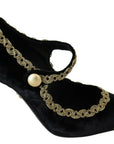 Dolce & Gabbana Black Embellished Velvet Mary Jane Pumps Shoes