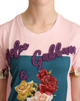 Dolce & Gabbana Pink Cotton Floral Roses Crewneck T-shirt