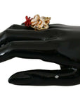 Dolce & Gabbana Gold Brass Resin Beige Dog Pet Branded Accessory Ring