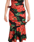 Dolce & Gabbana Black Shiny Silk Floral Print Draped Dress