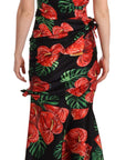 Dolce & Gabbana Black Shiny Silk Floral Print Draped Dress
