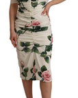 Dolce & Gabbana White Roses Print Stretch Silk Pleated Dress