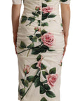 Dolce & Gabbana White Roses Print Stretch Silk Pleated Dress
