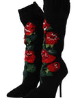 Dolce & Gabbana Black Stretch Socks Red Roses Booties Shoes