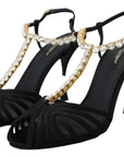 Dolce & Gabbana Black Satin Clear Crystal T-strap Sandal Shoes