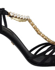 Dolce & Gabbana Black Satin Clear Crystal T-strap Sandal Shoes