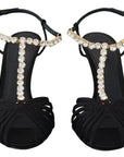 Dolce & Gabbana Black Satin Clear Crystal T-strap Sandal Shoes
