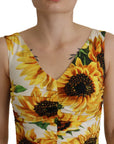 Dolce & Gabbana White Sunflower Print Sheath Midi Silk
