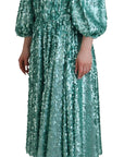 Dolce & Gabbana Blue Sequined Pleated Aline Midi Nylon Dress