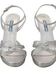 Prada Silver Leather Sandals Ankle Strap Heels Stiletto