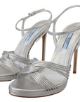 Prada Silver Leather Sandals Ankle Strap Heels Stiletto