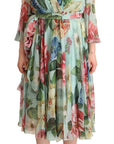 Dolce & Gabbana Multicolor Green Floral Silk Wrap Midi Dress