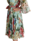 Dolce & Gabbana Multicolor Green Floral Silk Wrap Midi Dress