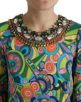 Dolce & Gabbana Multicolor Geometric Print Silk Crystals Midi Dress
