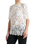 Dolce & Gabbana White Floral Lace Cotton Round Neck Blouse Top