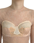 Dolce & Gabbana Beige Nylon Floral Lace Bustier Cropped Top