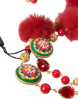 Dolce & Gabbana Gold Brass Red Fur Crystal Carretto Chain Necklace