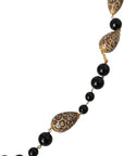 Dolce & Gabbana Gold Tone Brass Black Printed Beaded Long Chain Necklace