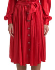 Dolce & Gabbana Red Button Down Belted Midi Satin Silk Dress