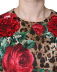 Dolce & Gabbana Brown Leopard Red Roses Cotton A-line Dress