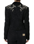 Dolce & Gabbana Black Jacquard Crystal Floral Jacket Blazer