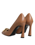 Versace Brown Leather Logo Plaque High Heels Pumps Shoes