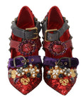 Dolce & Gabbana Red Sequined Crystal Studs Heels Shoes
