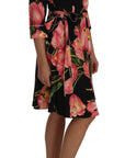 Dolce & Gabbana Black Pink Tulip Print Stretch Shift Dress