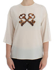 Dolce & Gabbana White Sequined Key Silk Blouse T-shirt Top