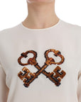Dolce & Gabbana White Sequined Key Silk Blouse T-shirt Top