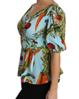 Dolce & Gabbana Multicolor Vegetable Print Silk Top Peplum Wrap Blouse