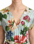Dolce & Gabbana Green Floral Short Sleeves Cotton V-neck Dress